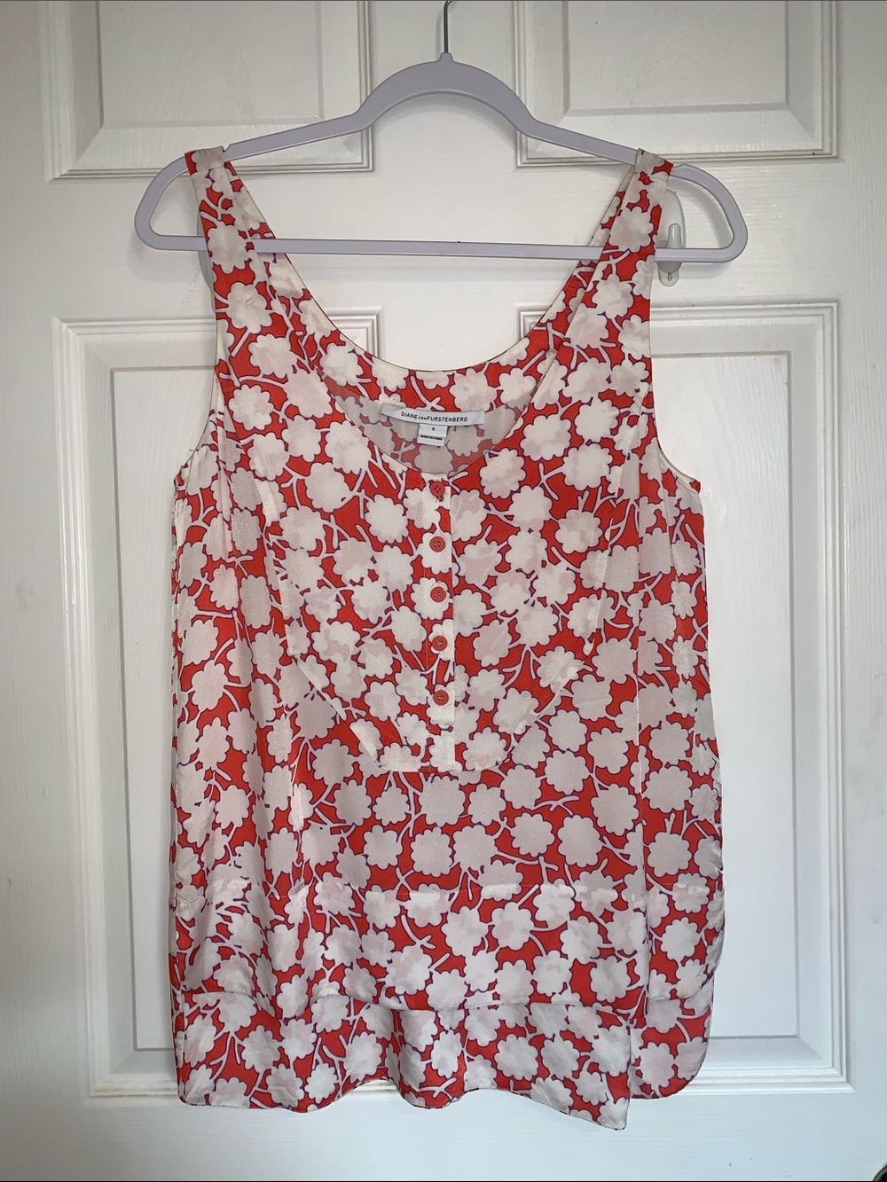 Diane Von Furstenberg Floral Coral White Button-Front Hi-Lo Hem tank Top
